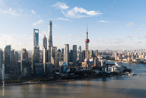 Photography The Shanghai CBD skyline seen in a aerial view on a clear morning