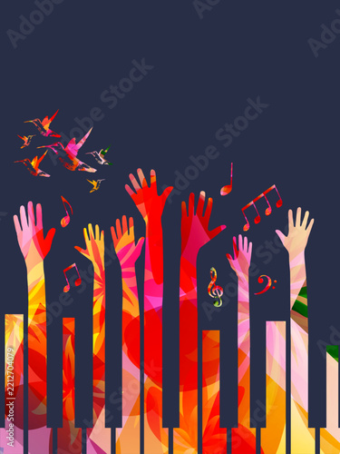 Music promotional poster with multicolored piano keyboard vector illustration. Colorful music background with piano keys for live concert events, music festivals and shows, party flyer
