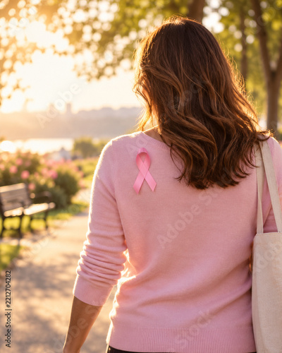 Woman wearing pink breast cancer awareness ribbon during sunset walk