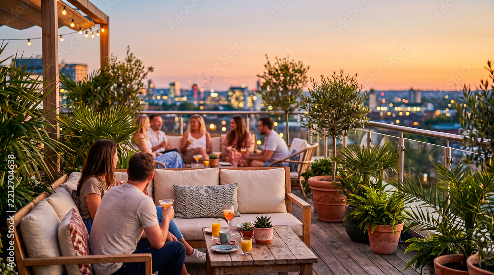 Fototapeta premium Group of friends enjoying drinks on a rooftop terrace at sunset overlooking the city skyline.