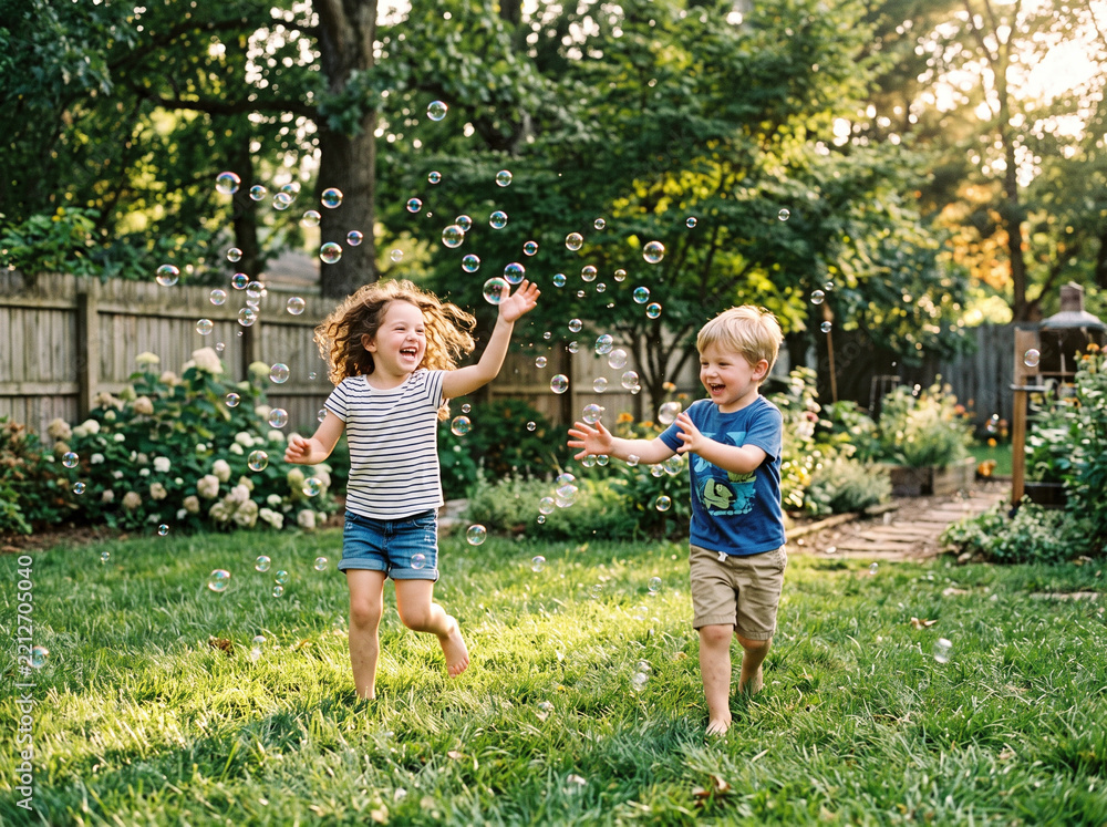 Fototapeta premium Two happy young children running and chasing soap bubbles on a sunny green lawn in the backyard