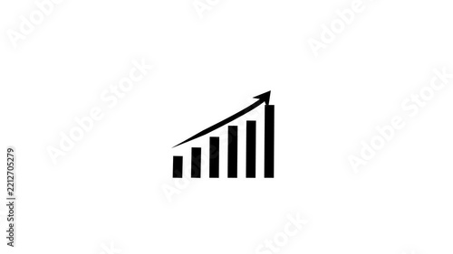 Black bar chart with ascending columns and upward arrow on white background, symbolizing business growth, rising sales, financial progress, market performance, investment success, and positive