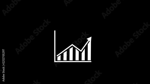 White bar chart with fluctuating upward arrow on black background, illustrating business performance, market trends, financial analysis, growth, recovery, progress, statistics, and rising results.