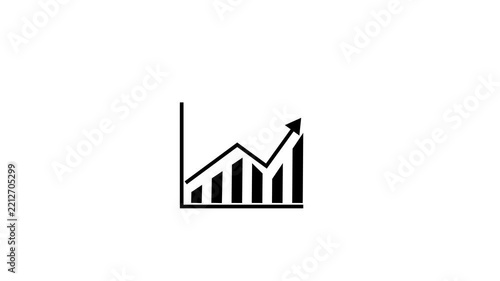 Black bar chart with fluctuating upward arrow on white background, representing business growth, financial recovery, market performance, statistics, data analysis, progress, and rising results.