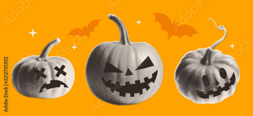 Three spooky jack o lantern paper sticker characters in a retro halftone collage, dark brown ink dots, cream cutout edges and orange backdrop, playful handcrafted autumn horror decoration set.