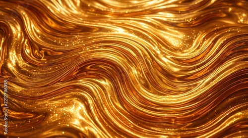 Flowing golden liquid texture, smooth waves, metallic shine, luxurious, 4K.