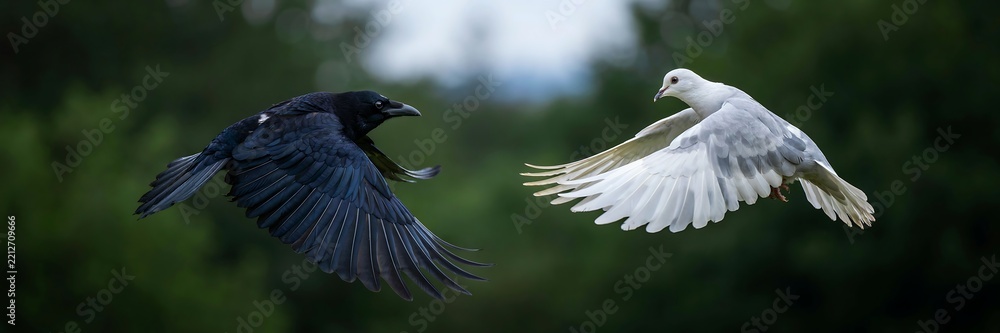 Fototapeta premium Soaring Black Raven Meets White Dove in a Striking Dynamic Nature Scene