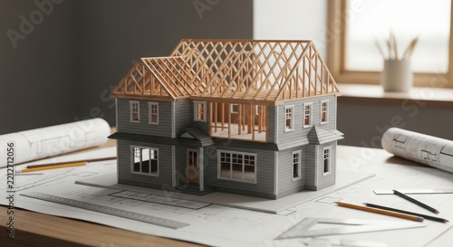 Architectural House Model with Wooden Roof Trusses on Blueprints for Residential Construction Planning and Real Estate Development