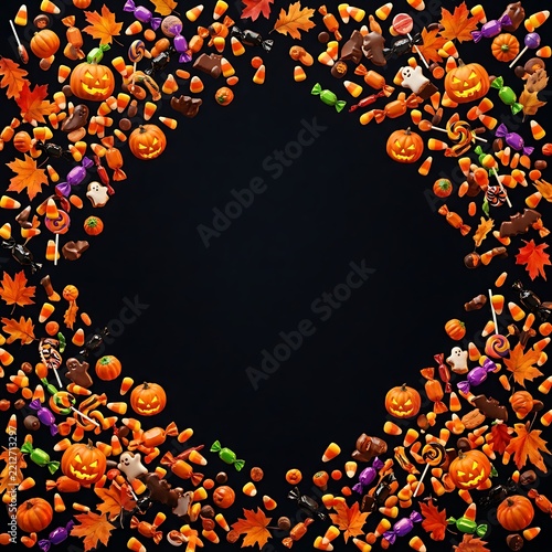 Halloween holiday border with jack o lanterns and assortment of candy on dark background jack o lantern trick or treat black background flat lay halloween pumpkins background celebration