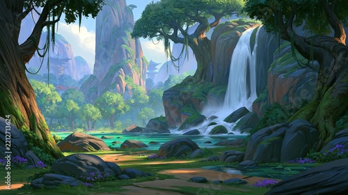 Lush jungle terrain features a cascading waterfall and a tranquil emerald pool.