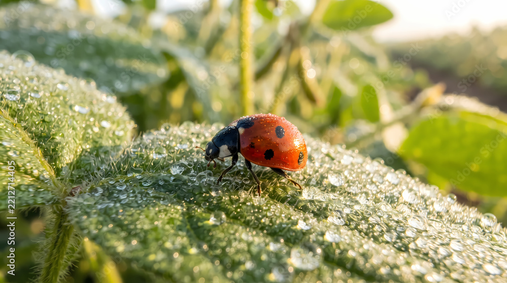 Obraz premium Ladybug on dew covered leaf in early morning sunlight macro shot