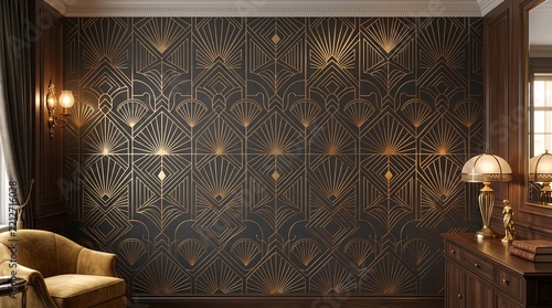 Golden geometric pattern wallpaper, elegant shapes, metallic shine, dark background, 4K.