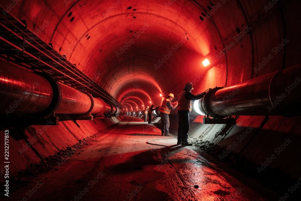 Fototapeta premium Construction workers install large water pipeline in dark underground tunnel. Team of laborers work on industrial piping system with red safety lights. Engineers manage utility infrastructure project