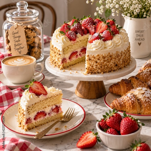 Strawberry Cake and Coffee on a Table With Cookies and Croissants
