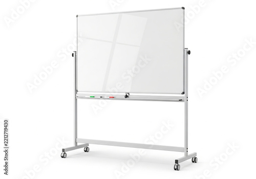 Empty mobile whiteboard on wheels for office presentations