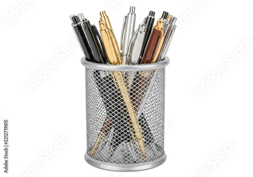 Metal pen holder with various pens for office desk