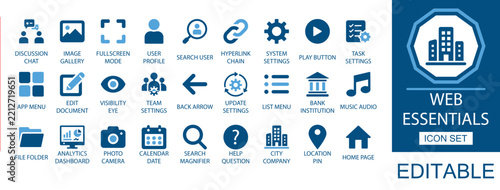 Web essentials solid icon set. Featuring image gallery, hyperlink chain, analytics dashboard, bank institution, and photo camera. Editable vector icon for app menu and system settings.