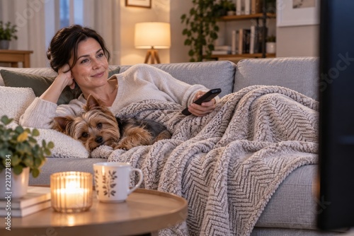 Woman Relaxing on a Couch With Dog While Watching TV in Cozy Living Room