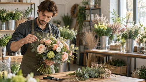 Florist Arranges Bouquet in Flower Shop During Daytime