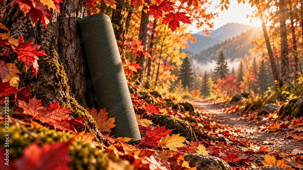 Naklejka premium Yoga mat rests against tree on autumn forest trail, surrounded by colorful leaves, outdoor wellness scene with warm sunlight