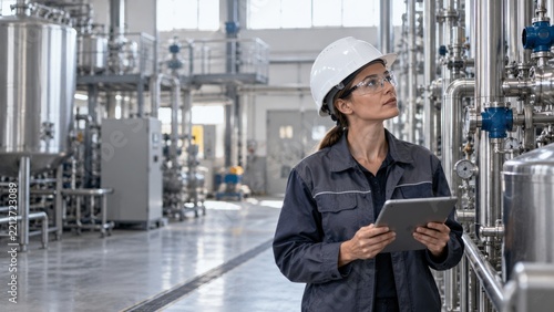 Woman in Hard Hat Checks Equipment in Industrial Facility
