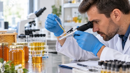 Scientist Examining Liquid Samples in a Laboratory Setting