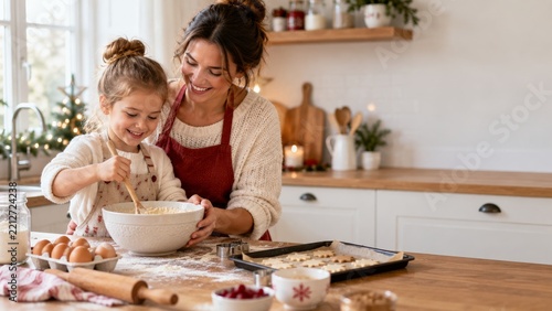 Mother and Daughter Baking Cookies Together in a Cozy Kitchen During the Holi...