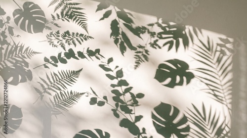 Leaf shadow minimal background, soft natural shadows, clean surface, elegant, 4K.