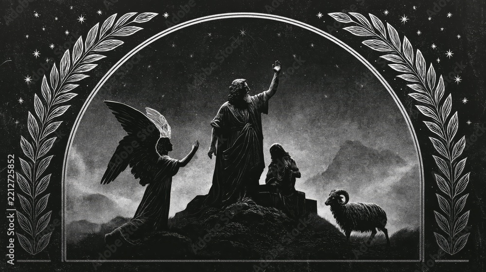 Fototapeta premium Dramatic monochrome depiction of Abraham prepared to sacrifice Isaac on Mount Moriah as the angel of the Lord intervenes and a ram appears as a divinely provided substitute