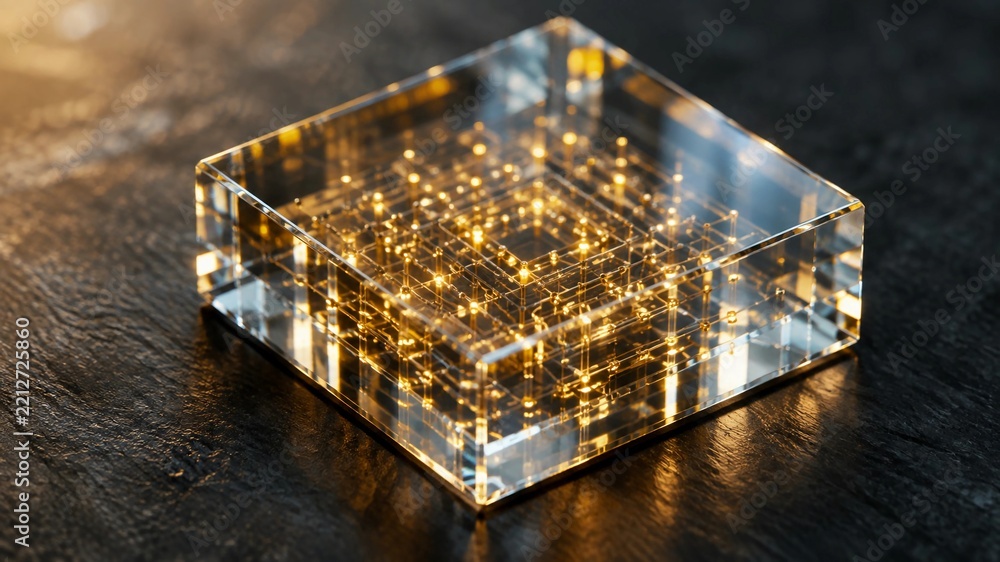 Fototapeta premium Optical glass microchip processor with glowing golden circuit matrix on dark slate, quantum computing hardware concept 