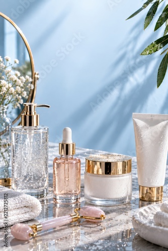 Beauty Products Displayed on a Marble Surface With Plants and a Mirror in the...