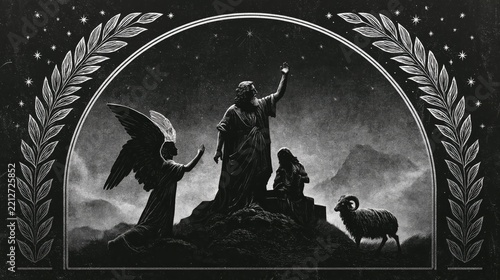 Dramatic monochrome depiction of Abraham prepared to sacrifice Isaac on Mount Moriah as the angel of the Lord intervenes and a ram appears as a divinely provided substitute
