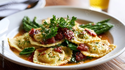 A plate of ravioli with sun dried tomatoes  asparagus  and fresh parsley in a savory sauce  served on a white dish