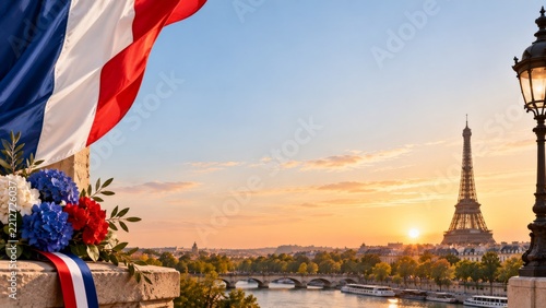 View of the Eiffel Tower in Paris During Sunset With the French Flag and Flow...