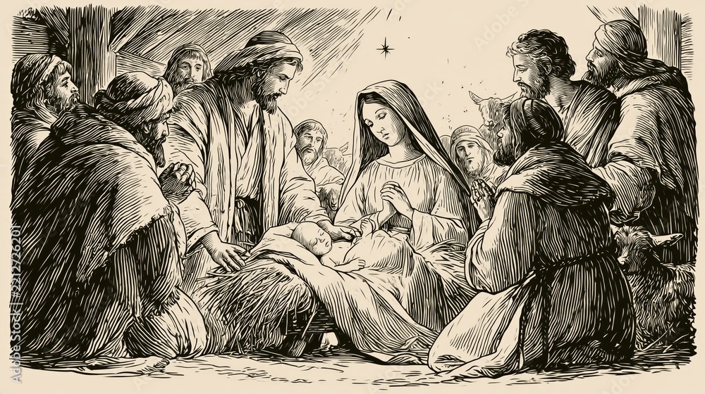 Fototapeta premium Detailed illustration of the Nativity: baby Jesus lying in a manger with Mary and Joseph surrounded by adoring shepherds and visitors beneath the guiding star in a humble stable
