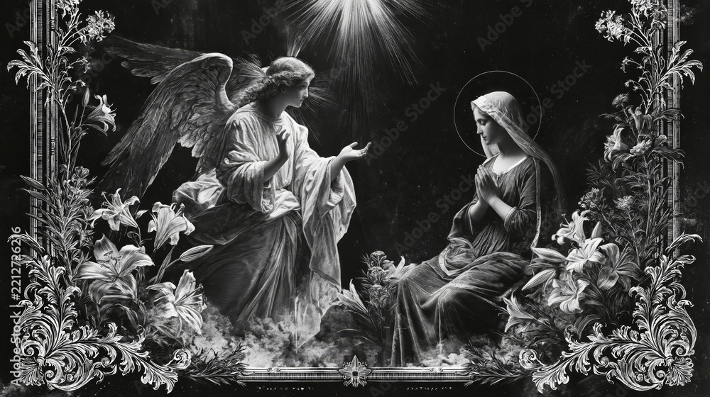 Fototapeta premium Annunciation: the Archangel Gabriel appears to the Virgin Mary under a radiant heavenly light, surrounded by lilies and ornate floral framing in monochrome engraving.