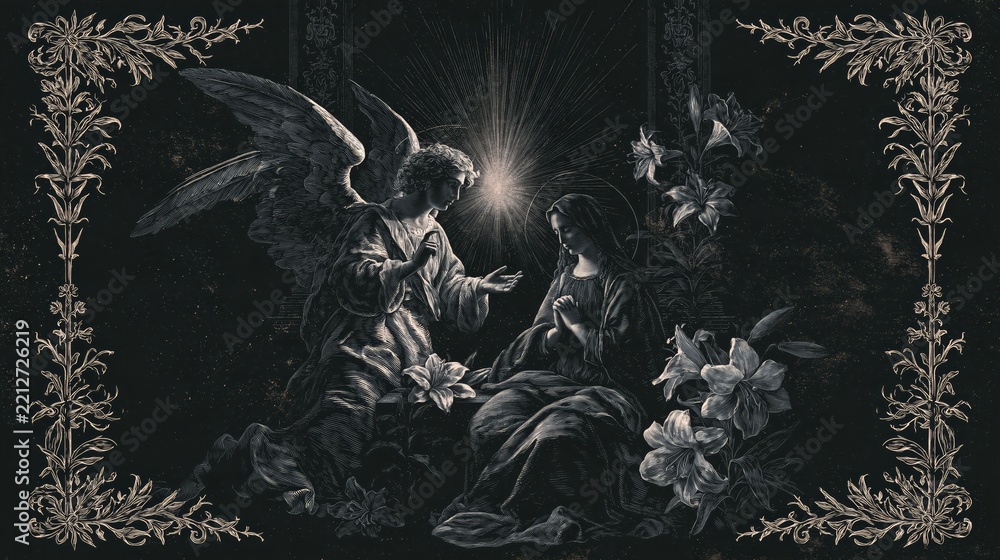 Fototapeta premium Annunciation scene of the Angel Gabriel visiting the Virgin Mary under a radiant celestial light, surrounded by symbolic lilies and ornate decorative borders in an engraving style