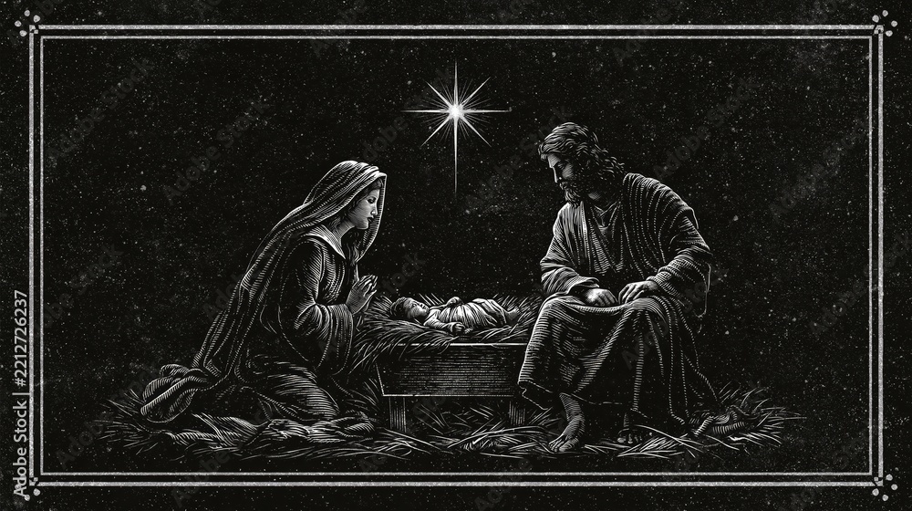 Fototapeta premium Nativity scene depicting the birth of Jesus in Bethlehem, showing Mary and Joseph watching the infant in a manger beneath the guiding star, a biblical portrayal of Christ's nativity.