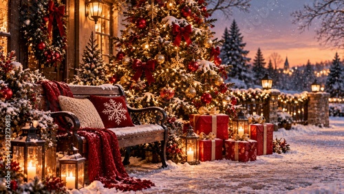 Cozy Winter Scene With Christmas Decorations and Snow-Covered Landscape
