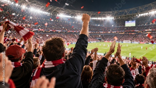 Crowd Celebrates at a Soccer Match in a Stadium With Colorful Flags and Scarv...