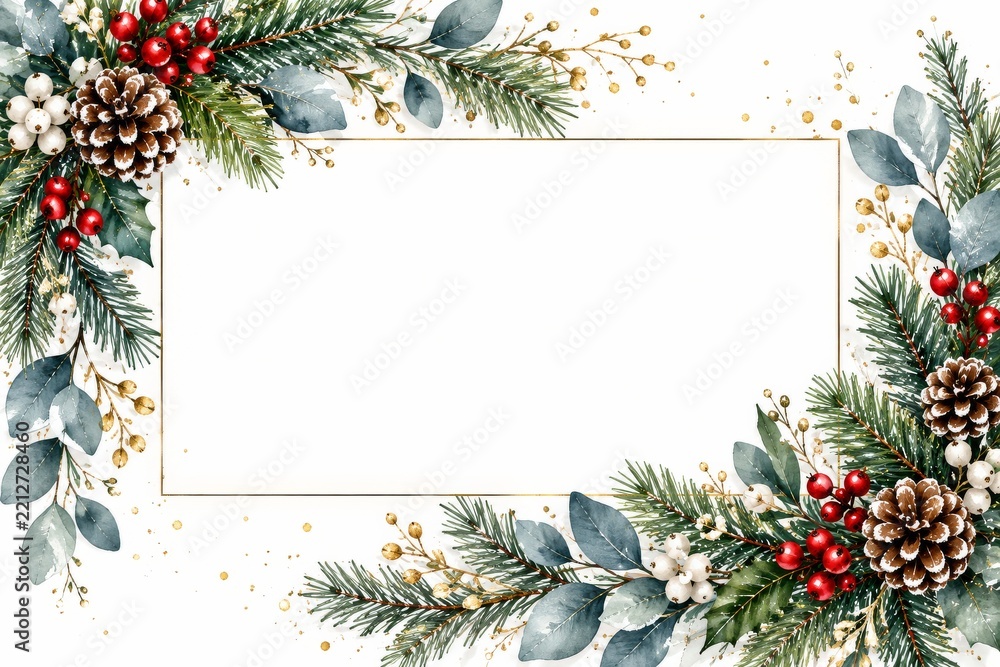 Fototapeta premium Winter Themed Design With Pine Branches, Cones, and Red Berries