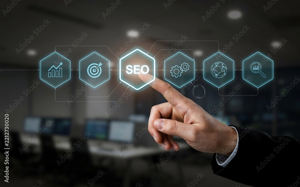 Obraz premium Businessman touching a glowing digital interface with search engine optimization icons in an office
