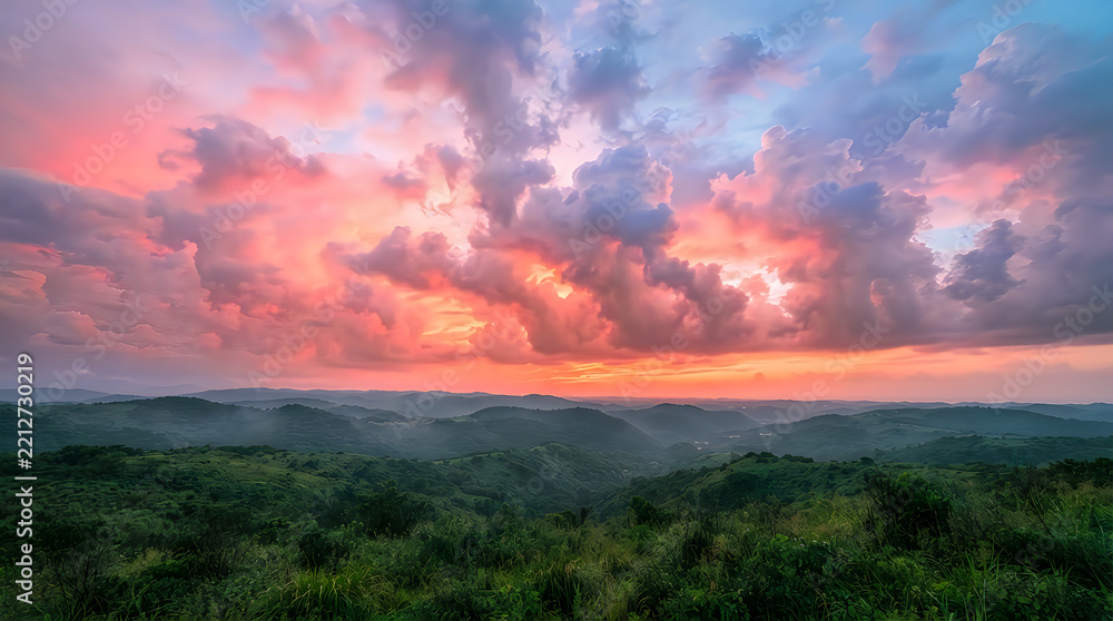 Obraz premium Stunning landscape view of rolling green hills during a dramatic golden hour sunset with vibrant colorful clouds