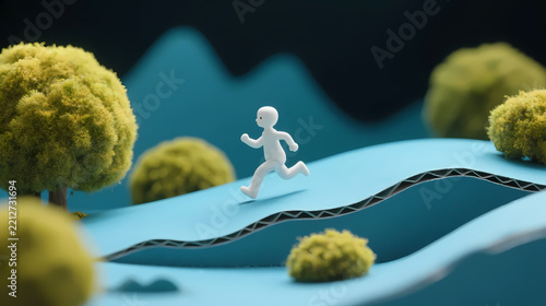 White figure running across blue hills