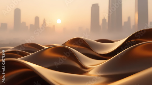 Golden wave-like fabric against sunset city skyline