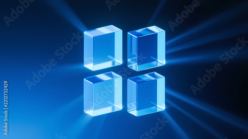 Four glowing blue cubes in dark space