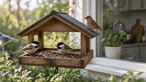 Bird feeder busy outside kitchen window
