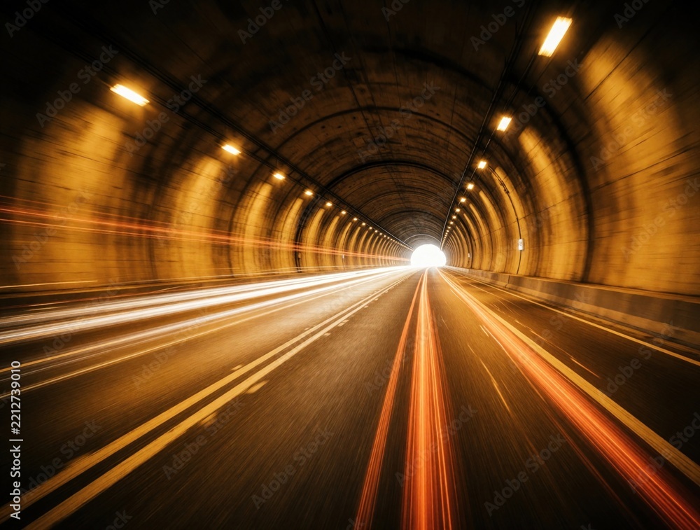Fototapeta premium Cars drive fast through long underground tunnel at night. Motion blur shows light trails from vehicle headlights, taillights on highway road. Rapid transport movement through dark urban tunnel with