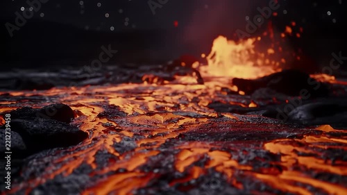 Glowing lava stream winding across rough volcanic rocks under a dark night sky