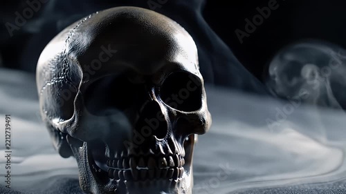 Glowing Mist Shadows Surround a Foreboding Skull Emerging from Steam
